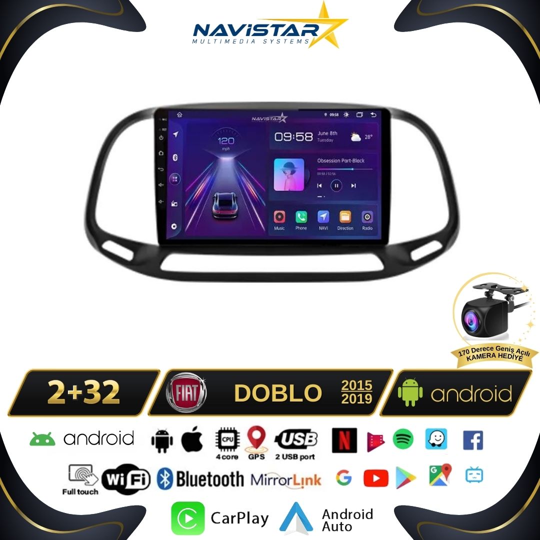 Navistar Fiat Doblo 2015-2019 Model 2GB + 64GB Android 13 Kablosuz Carplay Navigasyon Multimedya Sistemi