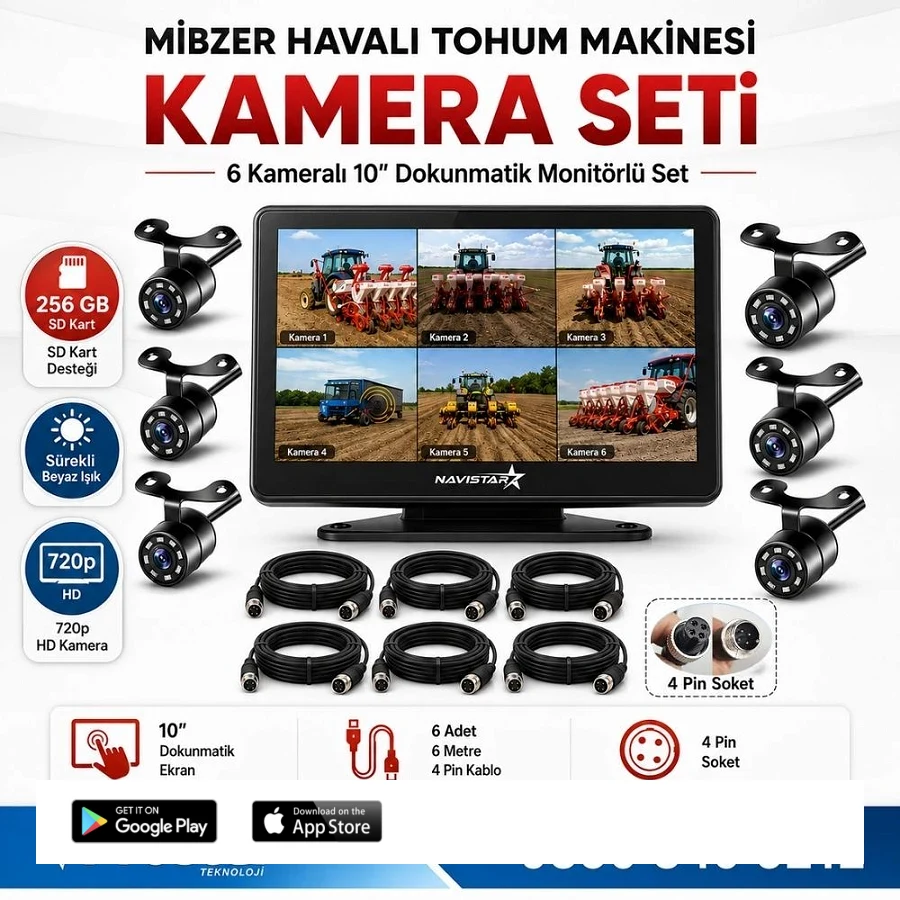 Mibzer için 6 Kameralı 10 inç Dokunmatik Monitör Altıya Bölen Kayıtlı 256 Gb Sd Kart Destekli
