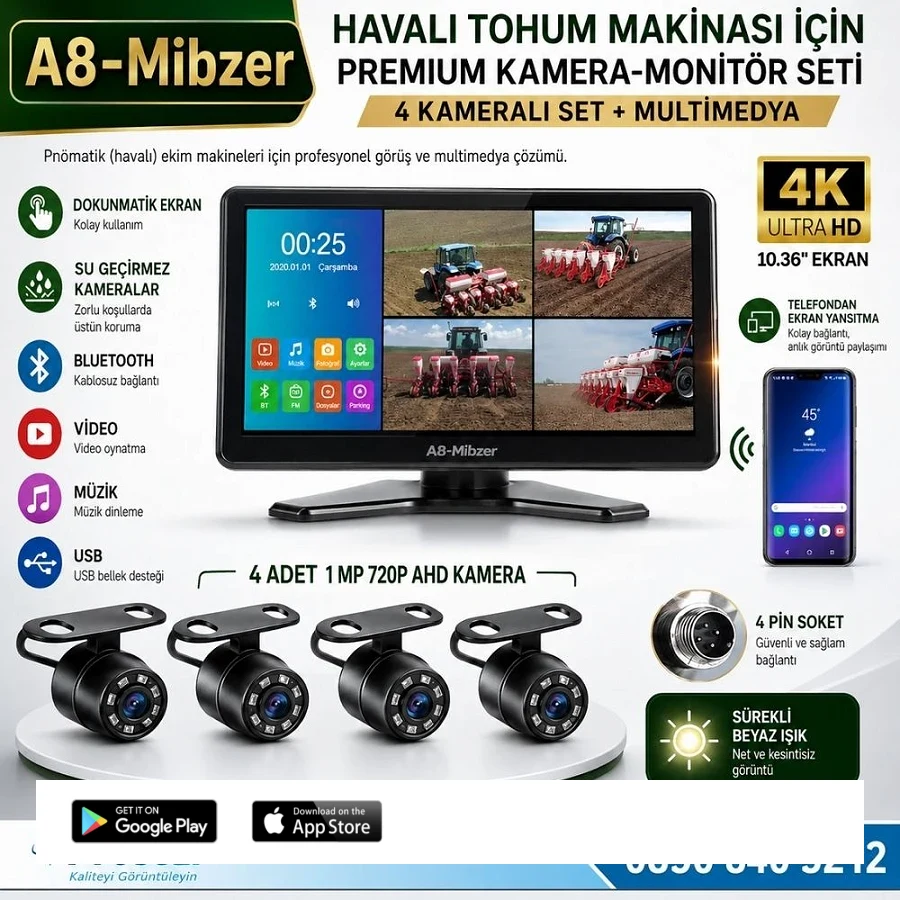Mibzer için 10.36" Dokunmatik Ekranlı 4 Kameralı AHD 720P Beyaz Işık Kameralı Havalı Kamera Seti