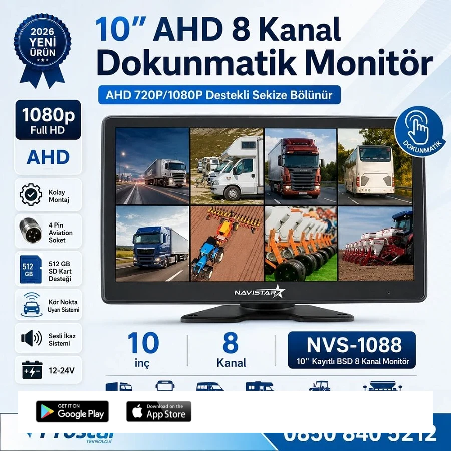 Mibzer için 8 Kameralı 10 inç Sekize Bölen Monitör Kayıtlı 256 Gb Sd Kart Destekli