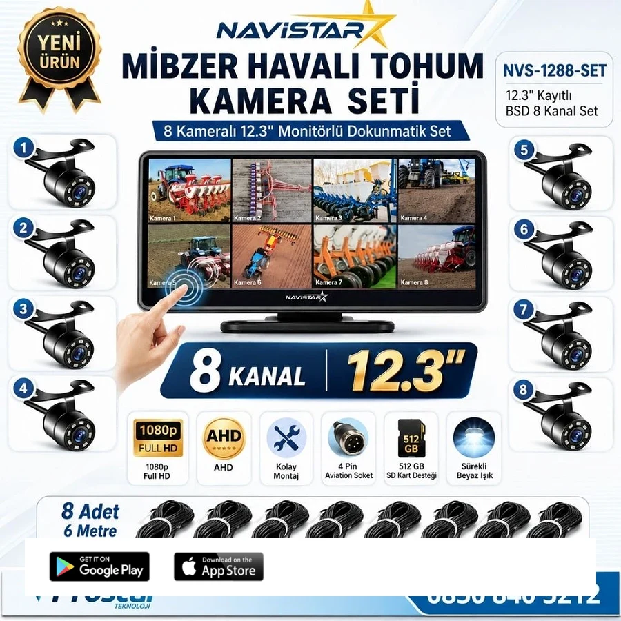12.3 inç Dokunmatik 8 Kameralı Mibzer Tohum Seti AHD Işıklı Kameralı Tak Kullan Set