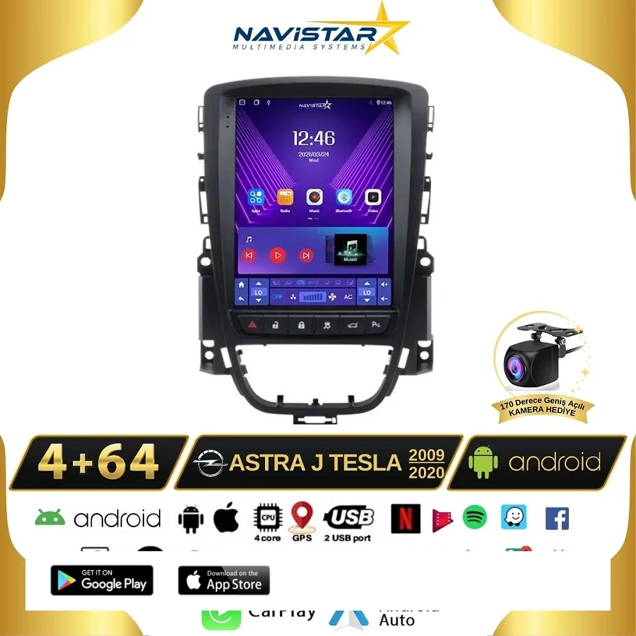 Opel Astra J Tesla 4GB + 64GB 2009-2020 Model Android Qled Kablosuz Carplay Navigasyon Multimedya Sistemi