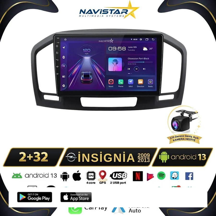 Opel İnsignia 2009-2013 Model 2+64GB Android 13 Kablosuz Carplay Navigasyon Multimedya Sistemi