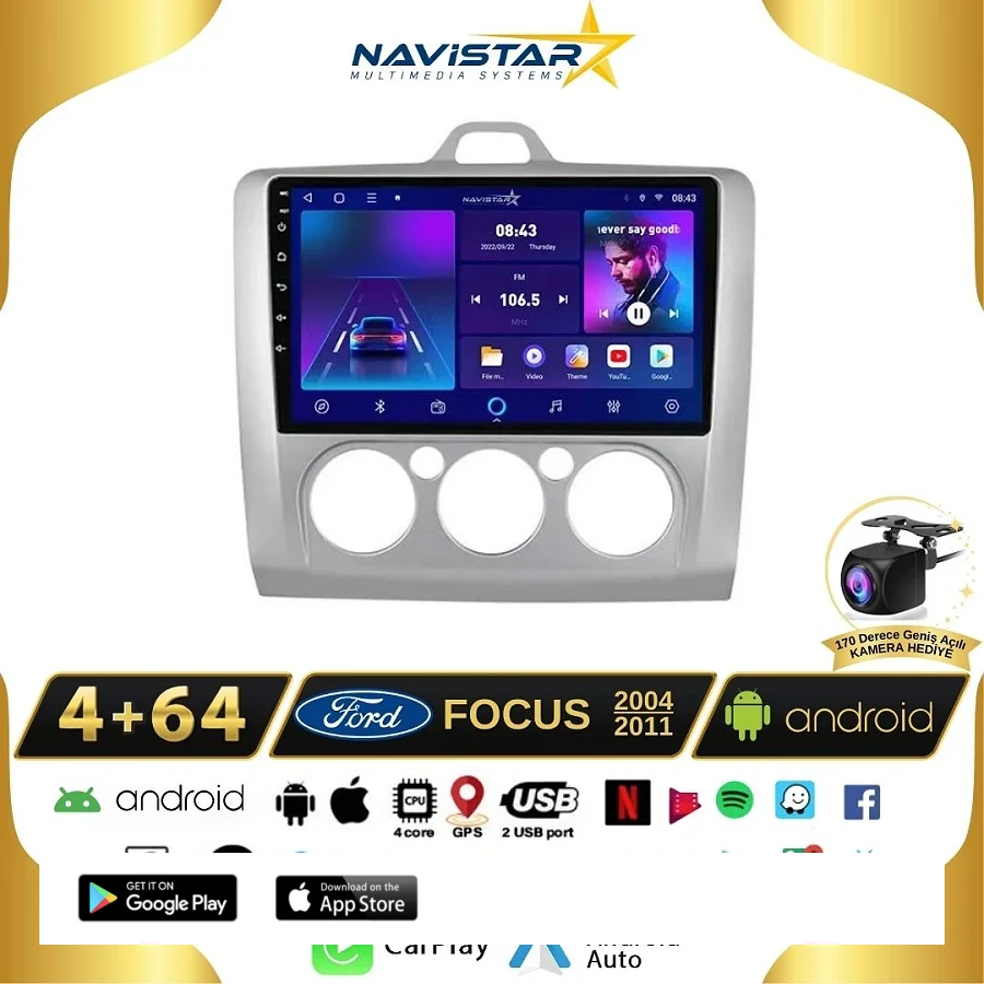Ford Focus 2 Manuel Klima 4GB + 64GB Kablosuz Carplay Android 13 Navigasyon Multimedya Sistemi