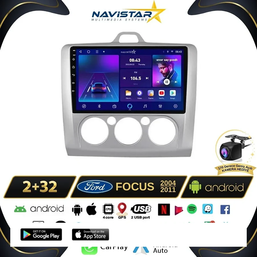Ford Focus 2 Manuel Klima 2+64GB Kablosuz Carplay Android 13 Navigasyon Multimedya Sistemi