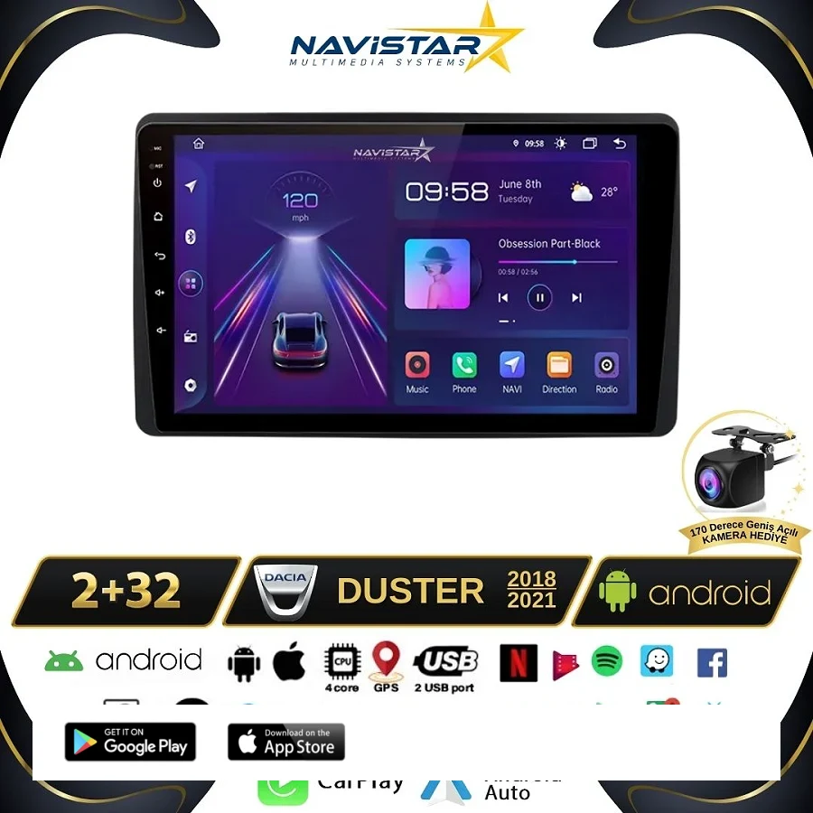 Dacia Duster 2018-2021 Model 2GB + 64GB Android 13 Kablosuz Carplay Navigasyon Multimedya Sistemi