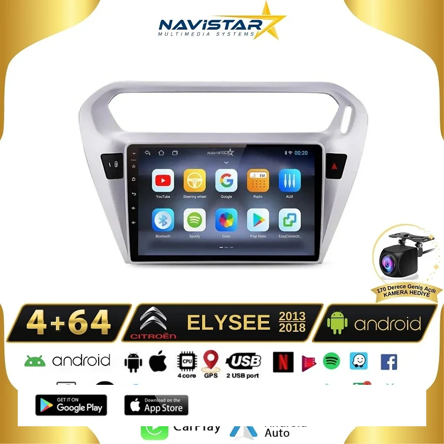 Citroen Elysee 4GB + 64GB Kablosuz Carplay 2013-2018 Android 13 Navigasyon Multimedya Sistemi