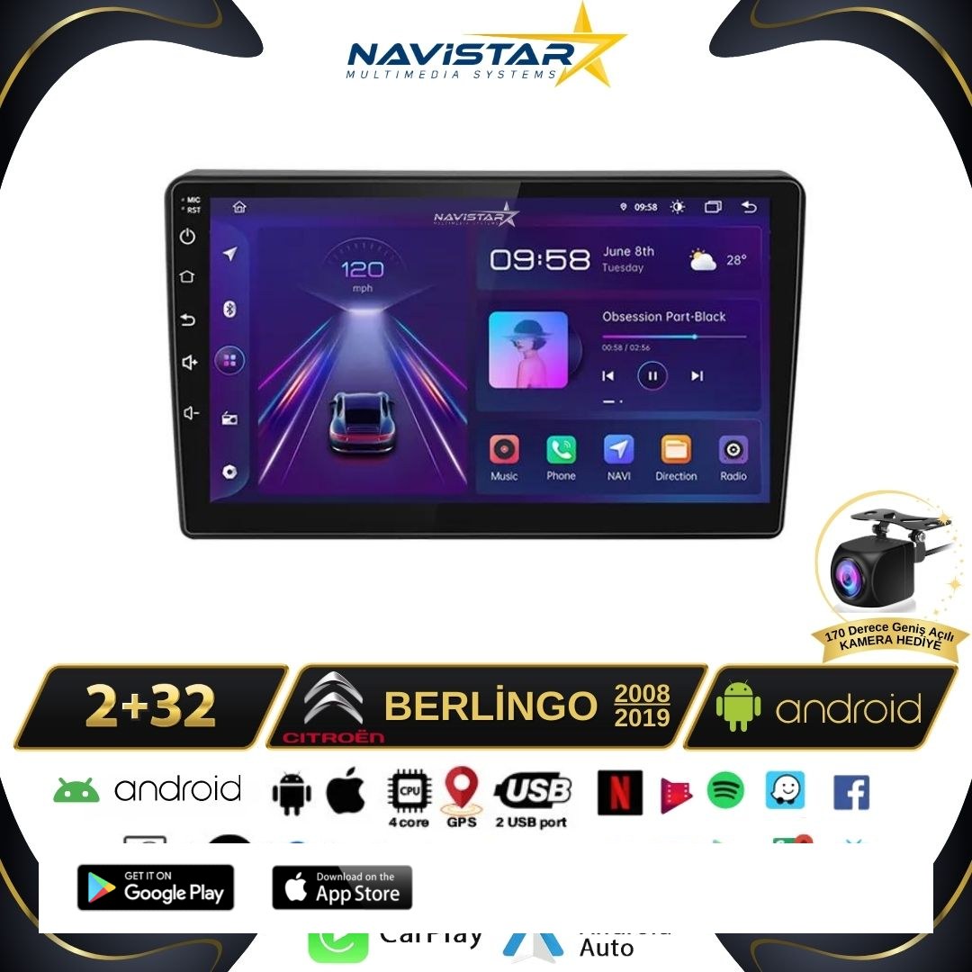 Citroen Berlingo 2008-2019 Model 2GB + 64GB Android 13 Kablosuz Carplay Navigasyon Multimedya Sistemi