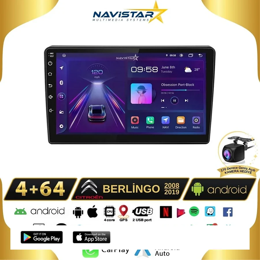 Citroen Berlingo 2008-2019 Model 4GB + 64GB Android 13 Kablosuz Carplay Navigasyon Multimedya Sistemi