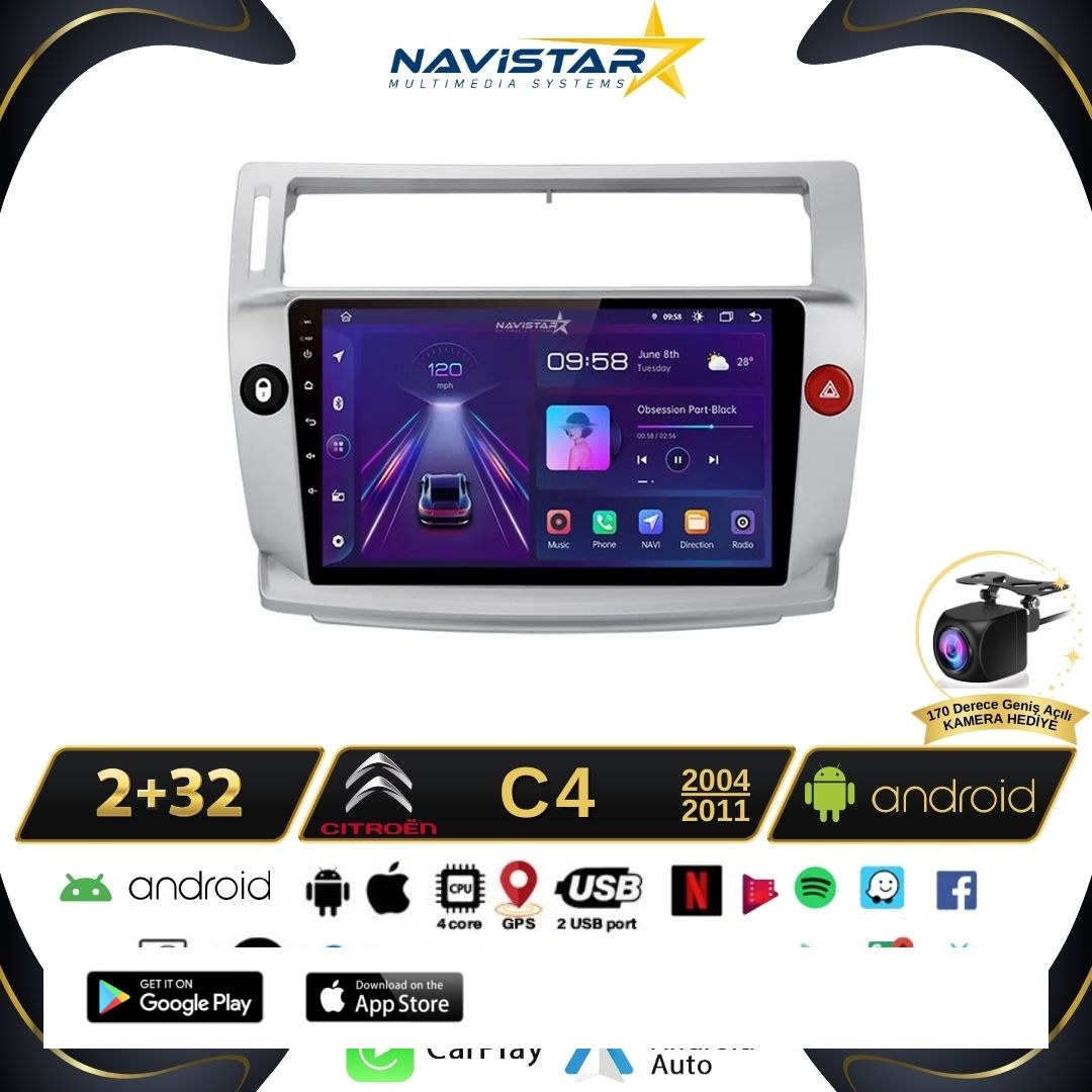 Citroen C4  2004-2011 Model 2GB + 64GB Android 13 Kablosuz Carplay Navigasyon Multimedya Sistemi