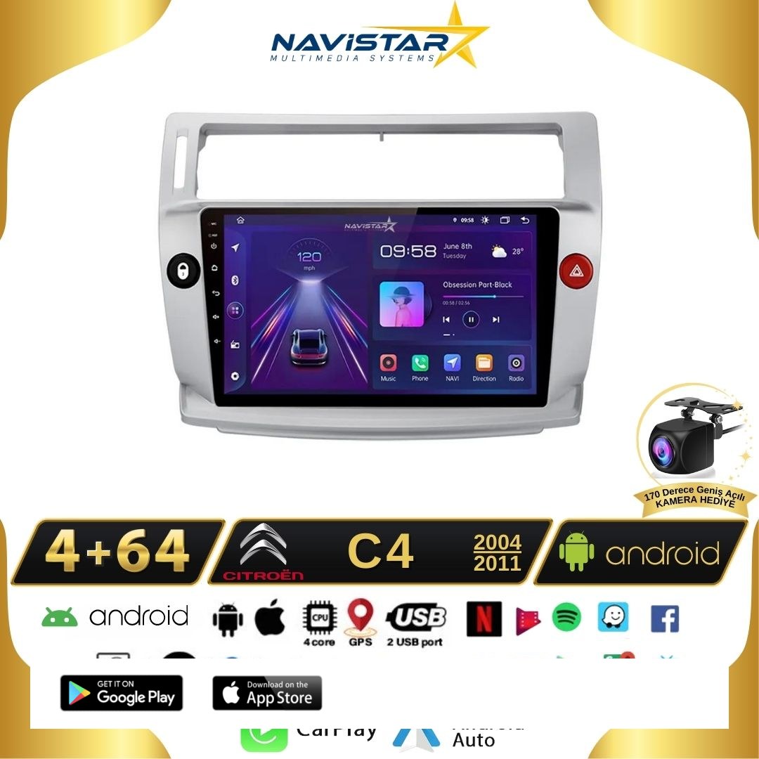 Citroen C4  2004-2011 Model 4GB + 64GB Android 13 Kablosuz Carplay Navigasyon Multimedya Sistemi