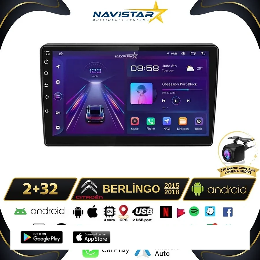 Citroen Berlingo 2015-2018 Model 2GB + 64GB Android 13 Kablosuz Carplay Navigasyon Multimedya Sistemi