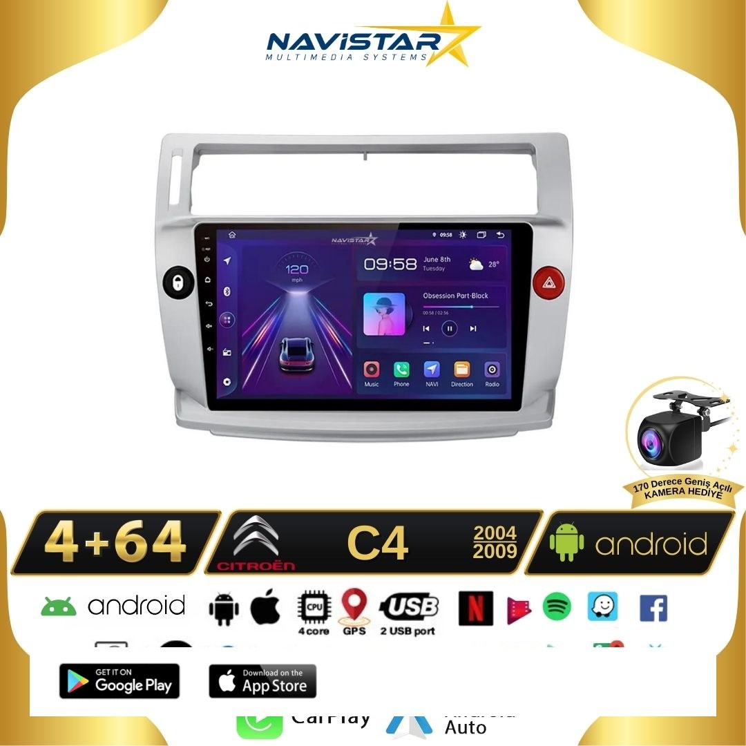 Citroen C4 2004-2009 Model 4GB + 64GB Android 13 Kablosuz Carplay Navigasyon Multimedya Sistemi