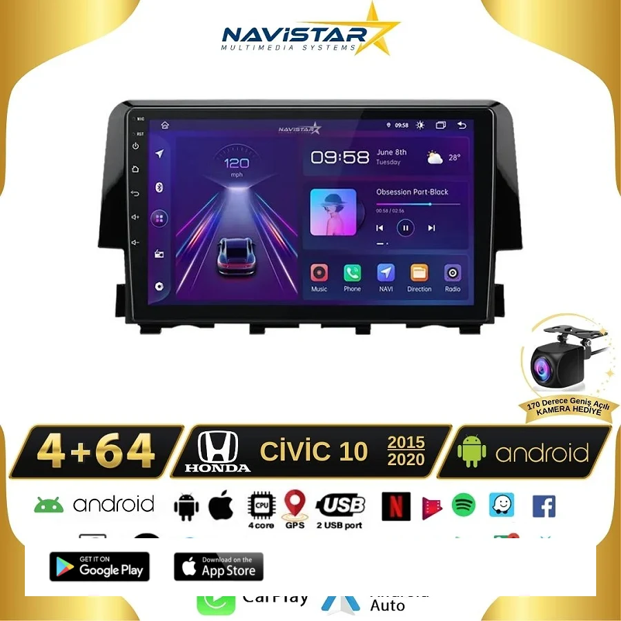 Honda Civic Kablosuz Carplay 4GB + 64GB Android 13 2015-2020 Navigasyon Multimedya Sistemi