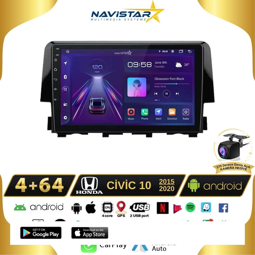 Honda Civic Kablosuz Carplay 4GB + 64GB Android 13 2015-2020 Navigasyon Multimedya Sistemi