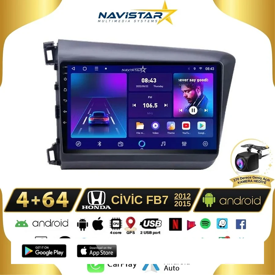 Honda Civic Fb7 4GB + 64GB Android 13 Kablosuz Carplay 2012-2015 Navigasyon Multimedya Sistemi