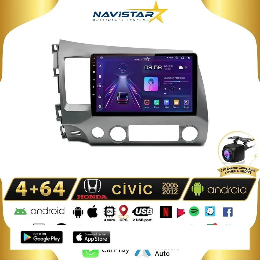 Honda Civic 2005-2012 Model 4GB + 64GB Android 13 Kablosuz Carplay Navigasyon Multimedya Sistemi
