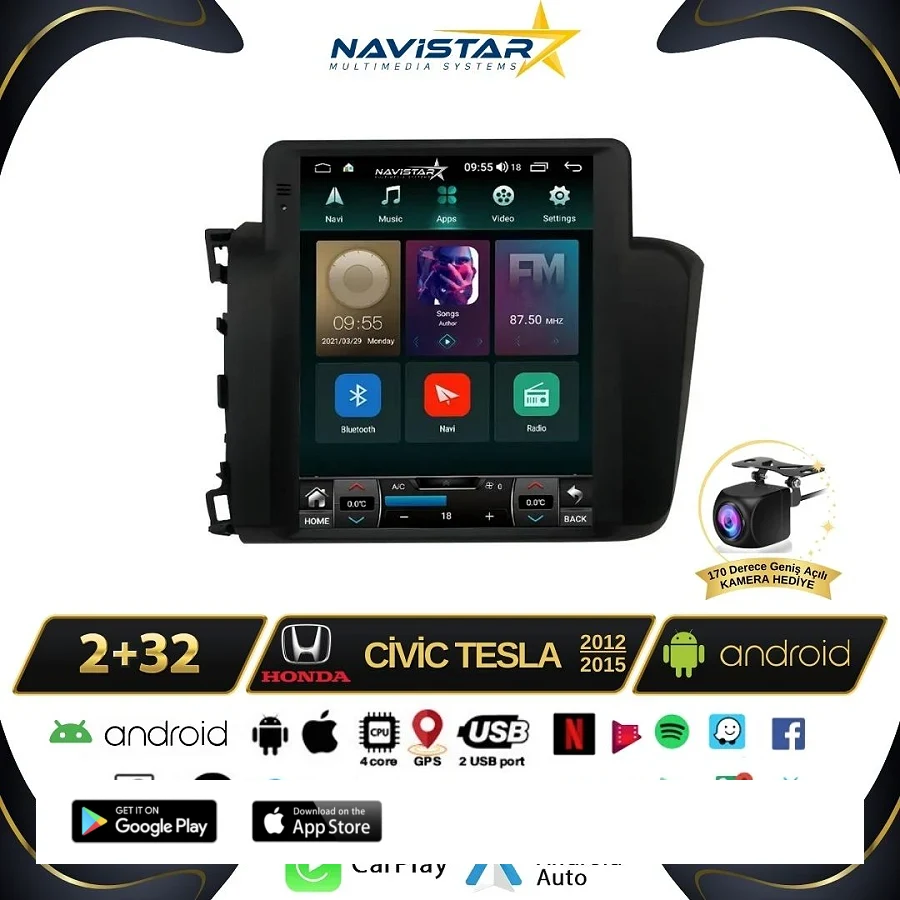 Honda Civic Tesla 2012-2015 Model 2GB + 32GB Kablosuz Carplay Navigasyon Multimedya Sistemi