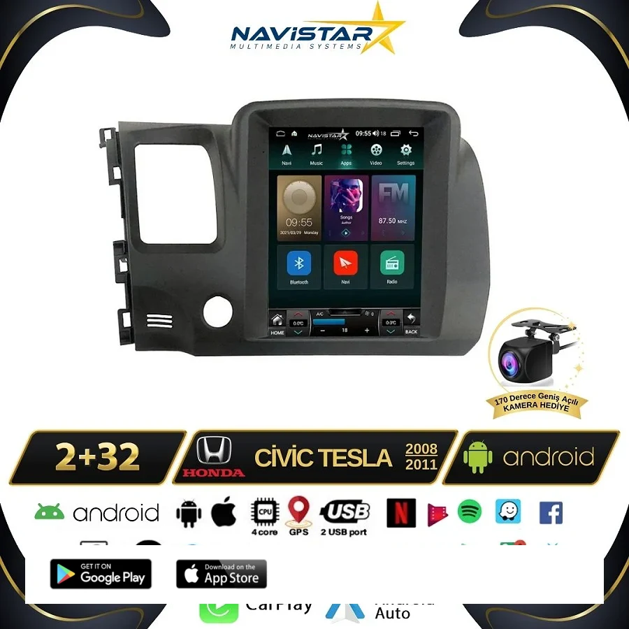 Honda Civic Tesla 2008-2011 Model 2GB + 32GB Kablosuz Carplay Navigasyon Multimedya Sistemi