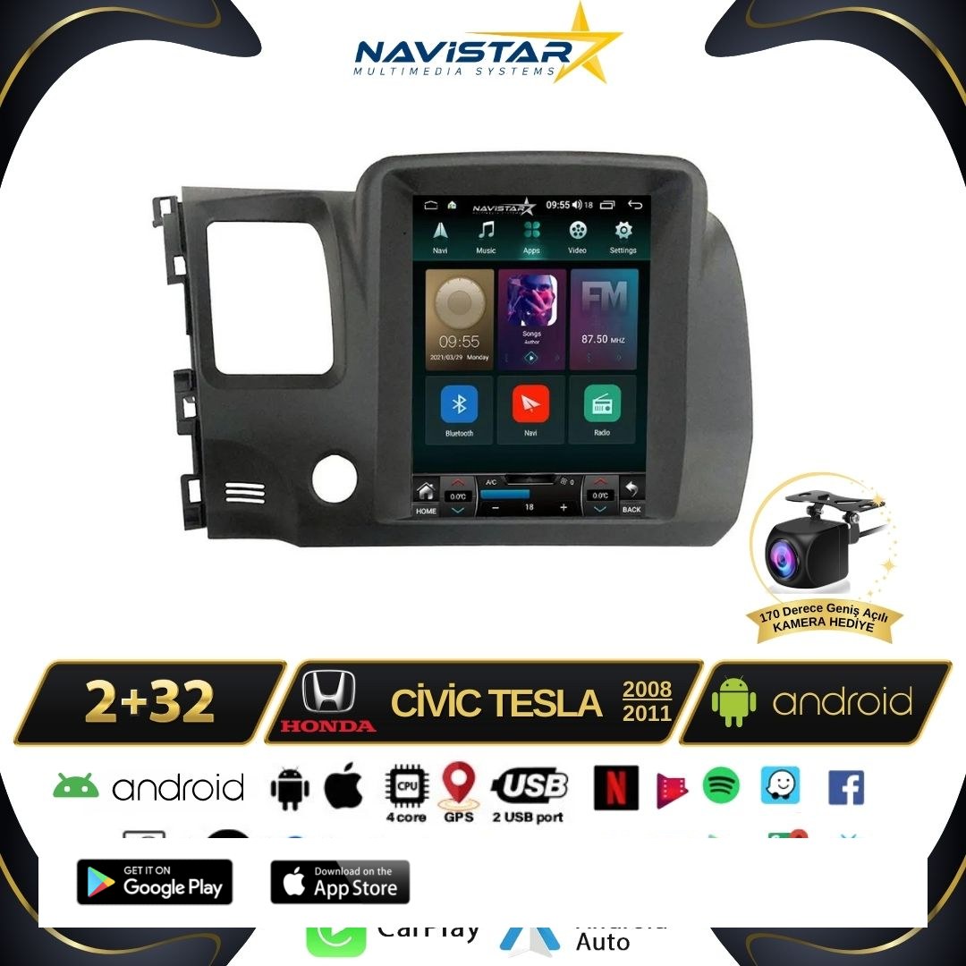 Honda Civic Tesla 2008-2011 Model 2GB + 32GB Kablosuz Carplay Navigasyon Multimedya Sistemi