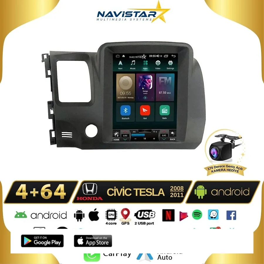 Honda Civic Tesla 4GB + 64GB 2008-2011 Model Kablosuz Carplay Navigasyon Qled Multimedya Sistemi