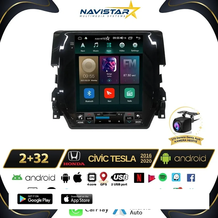 Honda Civic Tesla 2016-2020 Model 2GB + 32GB Kablosuz Carplay Navigasyon Multimedya Sistemi