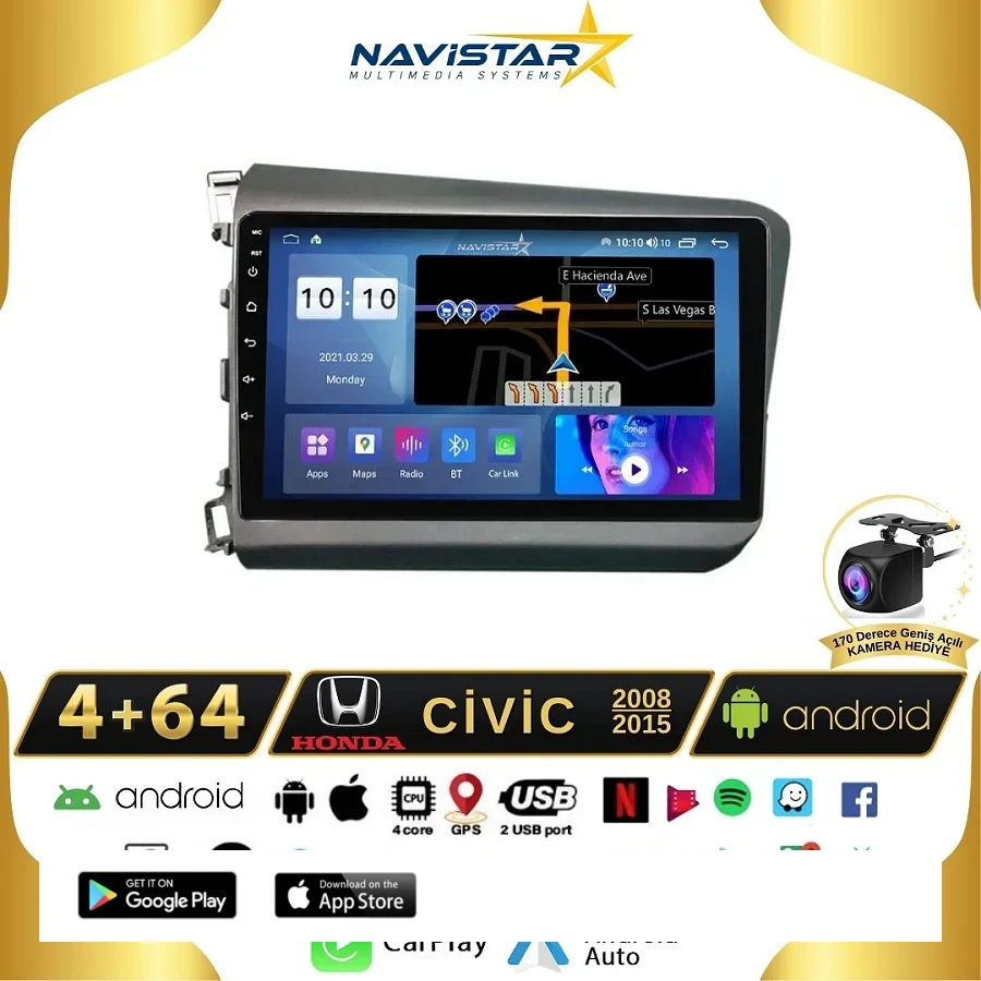 Honda Civic  2008-2015 Model 4GB + 64GB Android 13 Kablosuz Carplay Navigasyon Multimedya Sistemi
