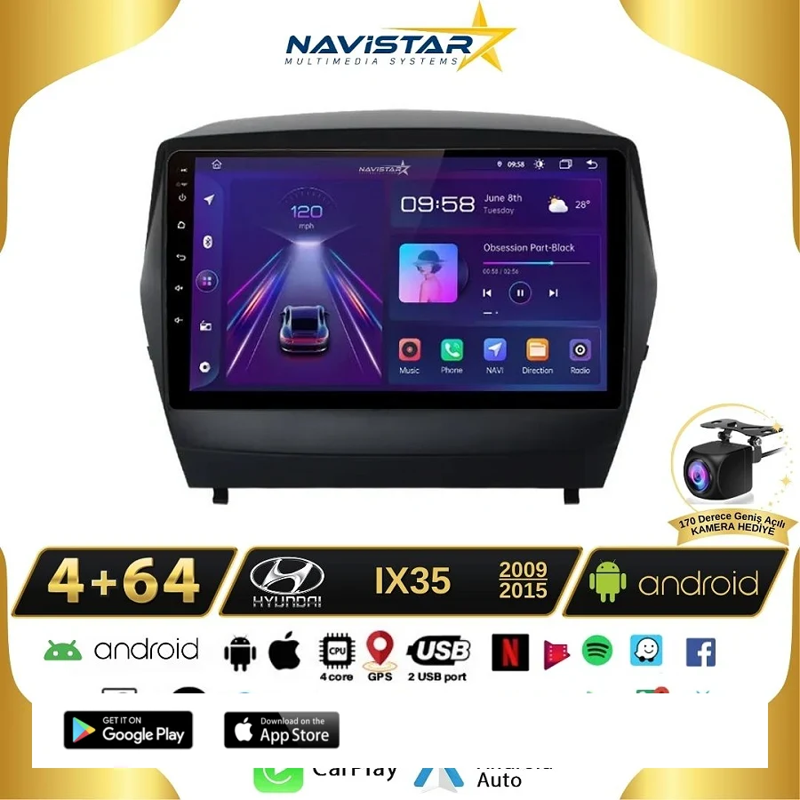 Hyundai Ix35 Kablosuz Carplay 4GB + 64GB Android 13 Navigasyon Multimedya Sistemi 2009-2015