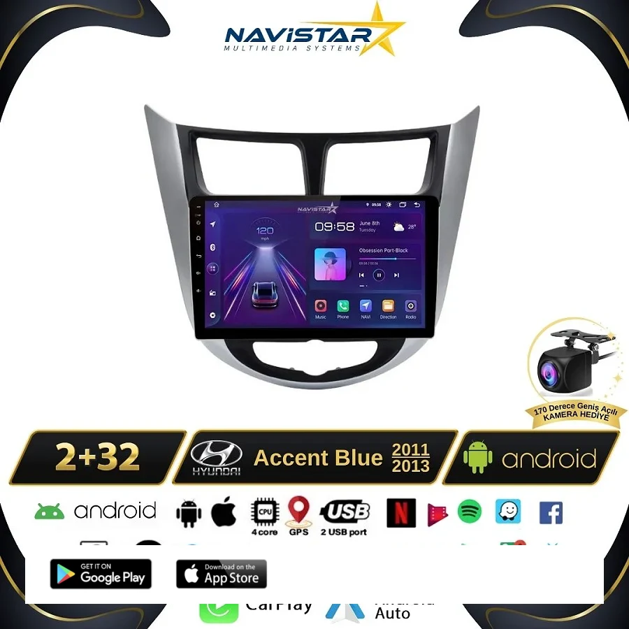Hyundai  Accent Blue 2011-2013 Model 2+64GB Android 13 Kablosuz Carplay Navigasyon Multimedya Sistemi