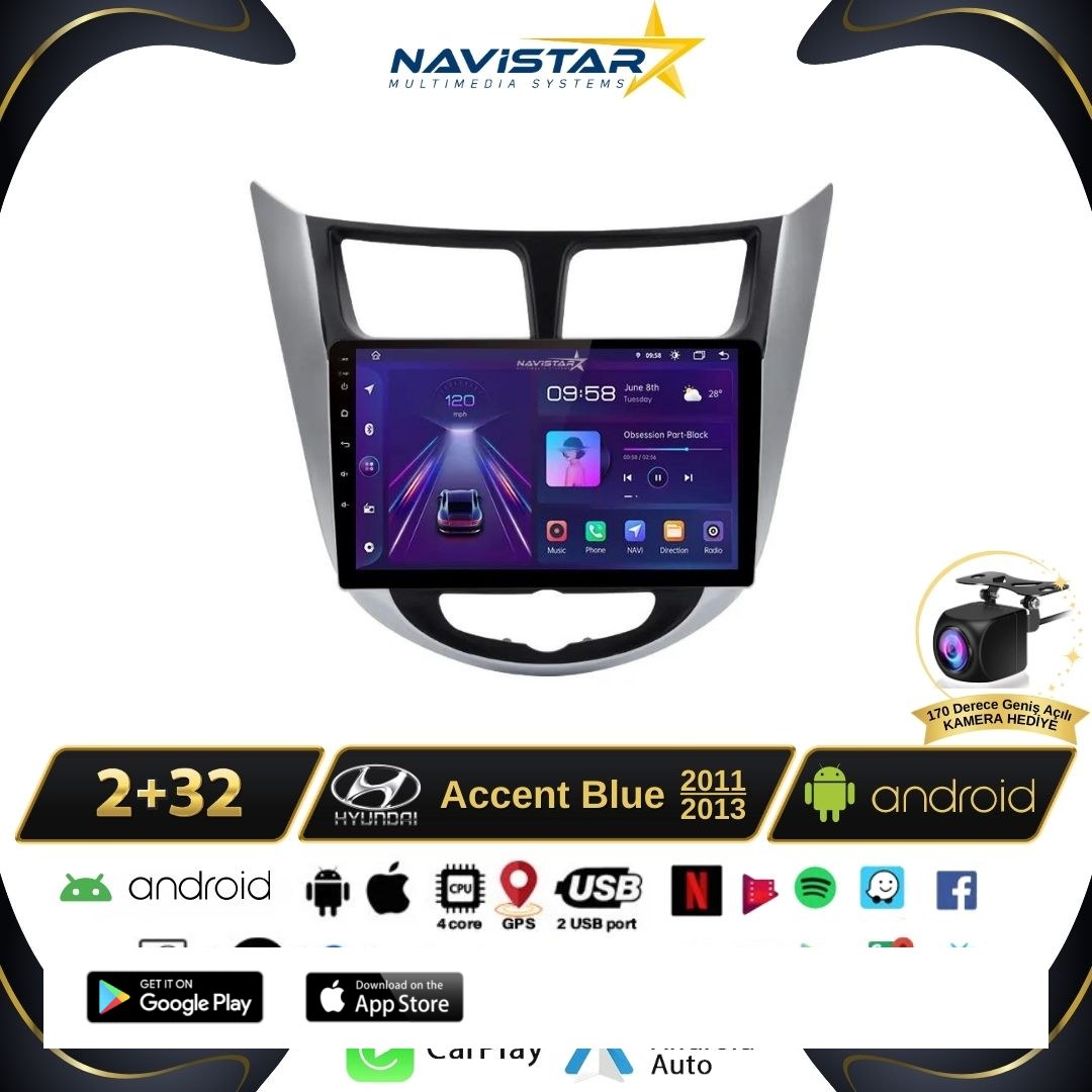 Hyundai  Accent Blue 2011-2013 Model 2+64GB Android 13 Kablosuz Carplay Navigasyon Multimedya Sistemi