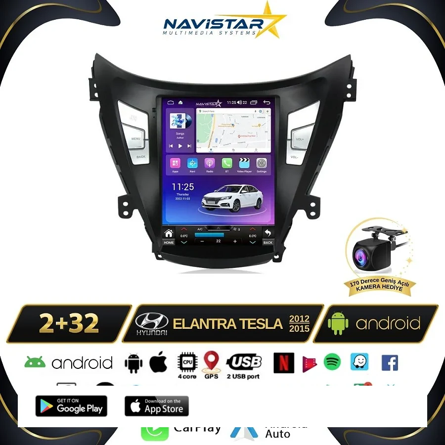 Hyundai Elantra Tesla 2012-2015 Model 2GB + 32GB Kablosuz Carplay Navigasyon Multimedya Sistemi