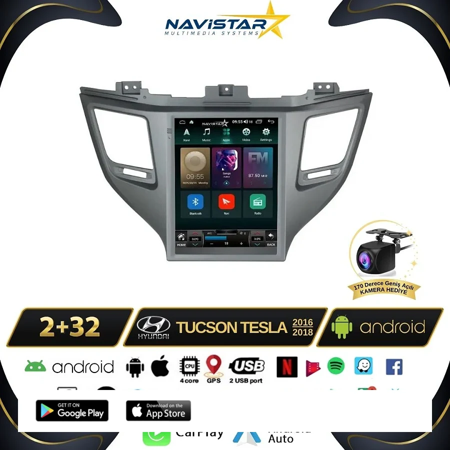 Hyundai Tucson Tesla 2016-2018 Model 2GB + 32GB Kablosuz Carplay Navigasyon Multimedya Sistemi