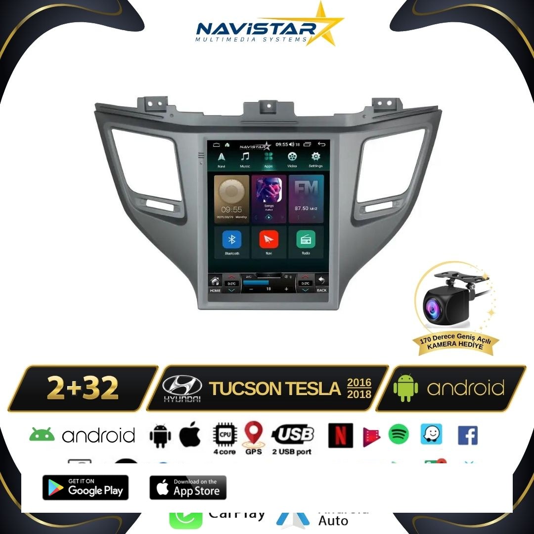 Hyundai Tucson Tesla 2016-2018 Model 2GB + 32GB Kablosuz Carplay Navigasyon Multimedya Sistemi