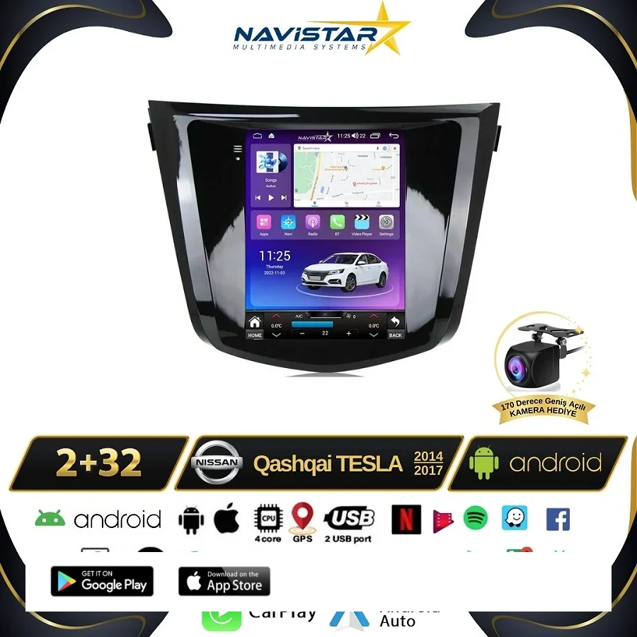 Nissan Qashqai Tesla 2014-2017 Model 2GB + 32GB Android 13 Kablosuz Carplay Navigasyon Multimedya Sistemi