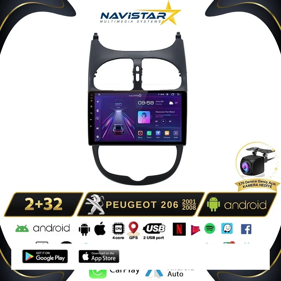 Peugeot 206  2001-2008 Model 2GB + 64GB Android 13 Kablosuz Carplay Navigasyon Multimedya Sistemi