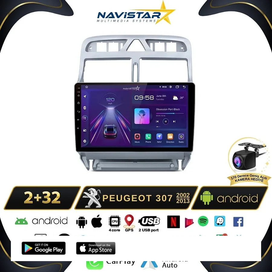 Peugeot 307  2002-2013 Model 2GB + 64GB Android 13 Kablosuz Carplay Navigasyon Multimedya Sistemi