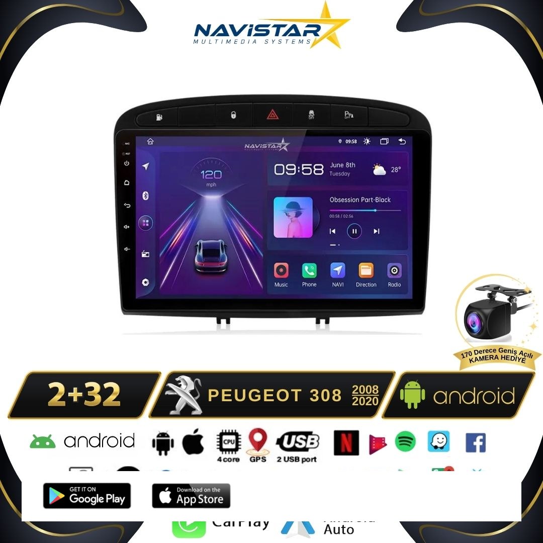 Peugeot 308  2008-2020 Model 2GB + 64GB Android 13 Kablosuz Carplay Navigasyon Multimedya Sistemi