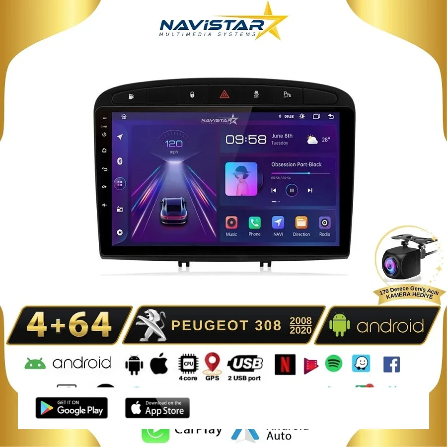 Peugeot 308  2008-2020 Model 4GB + 64GB Android 13 Kablosuz Carplay Navigasyon Multimedya Sistemi