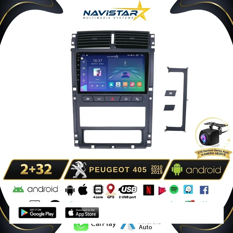 Peugeot 405  2010-2019 Model 2GB + 64GB Android 13 Kablosuz Carplay Navigasyon Multimedya Sistemi