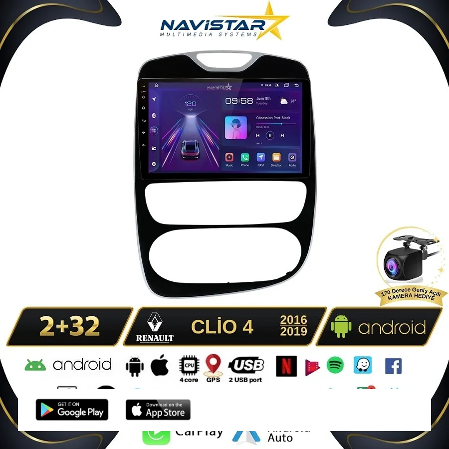 Renault Clio 4 Kablosuz Carplay 2+64GB Android 13 Navigasyon Multimedya Sistemi 2016-2019
