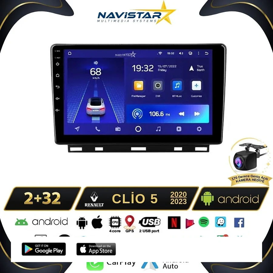 Clio 5 2020-2023 Model 2+64GB Android 13 Kablosuz Carplay Navigasyon Multimedya Sistemi