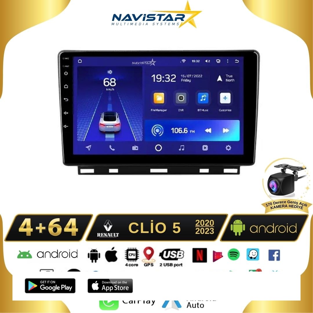 Clio 5 2020-2023 Model 4GB + 64GB Android 13 Kablosuz Carplay Navigasyon Multimedya Sistemi