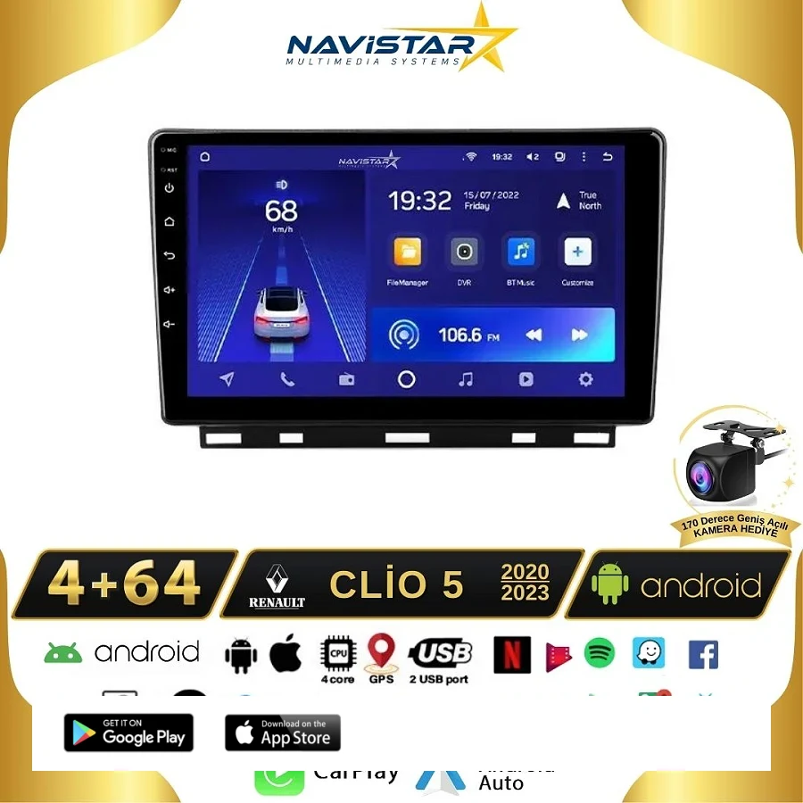 Clio 5 2020-2023 Model 4GB + 64GB Android 13 Kablosuz Carplay Navigasyon Multimedya Sistemi