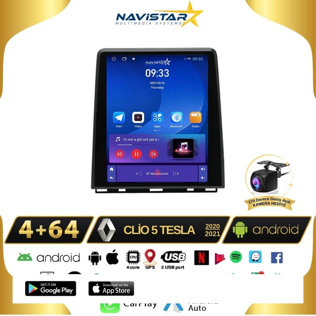 Renault Clio 5 Tesla 4GB + 64GB 2020-2021 Model Kablosuz Carplay Navigasyon Qled Multimedya Sistemi