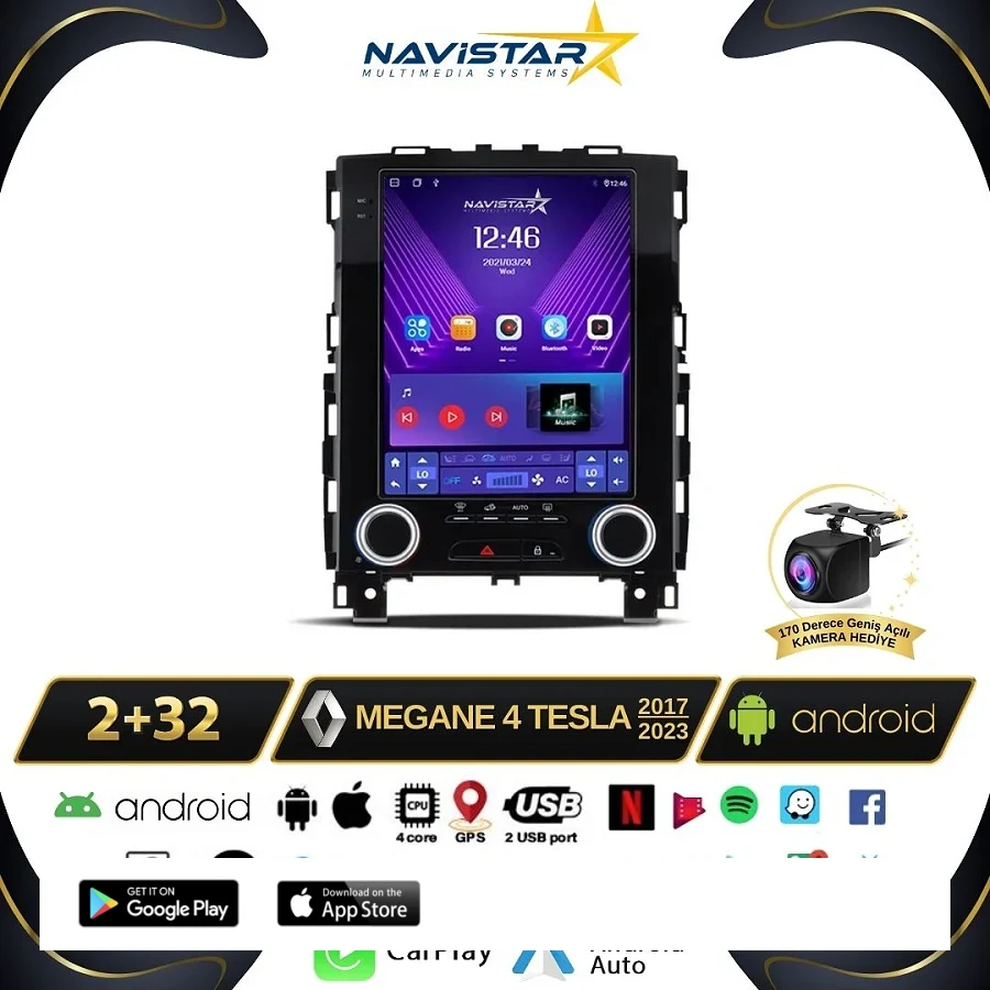 Renault Megane 4 Tesla 2017-2023 Model 2+32GB Android  Kablosuz Carplay Navigasyon Multimedya Sistemi