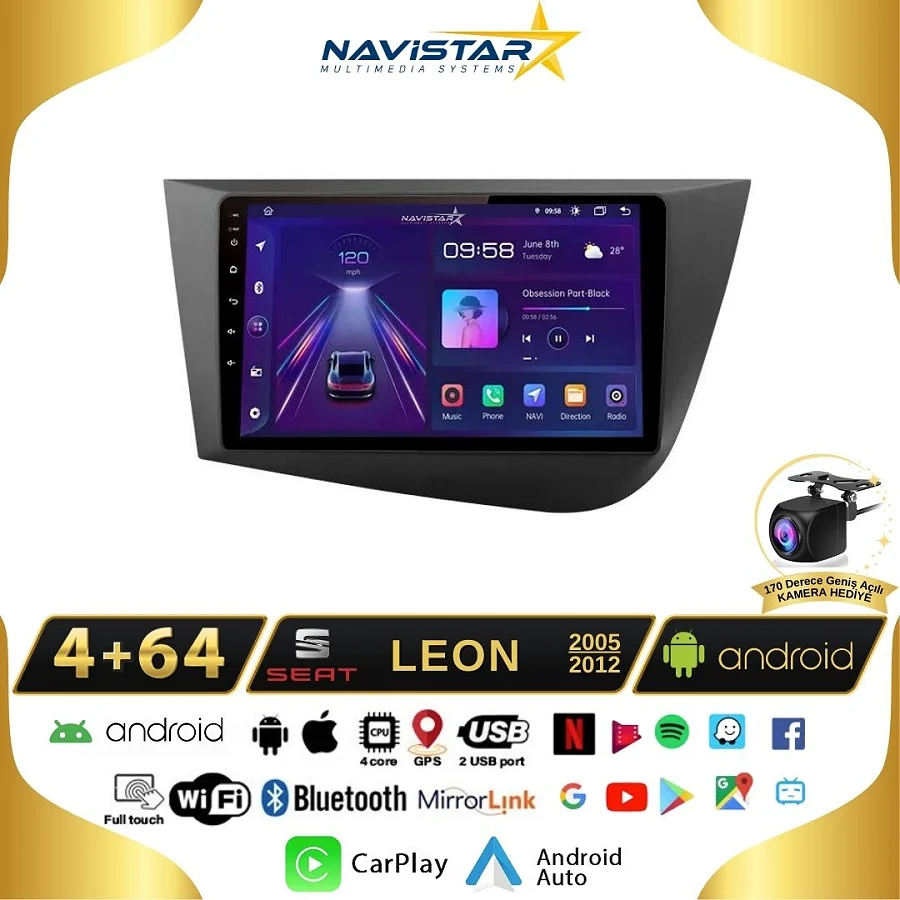 Seat Leon 4GB + 64GB 2005-2012 Model Android 13 Kablosuz Carplay Navigasyon Multimedya Sistemi