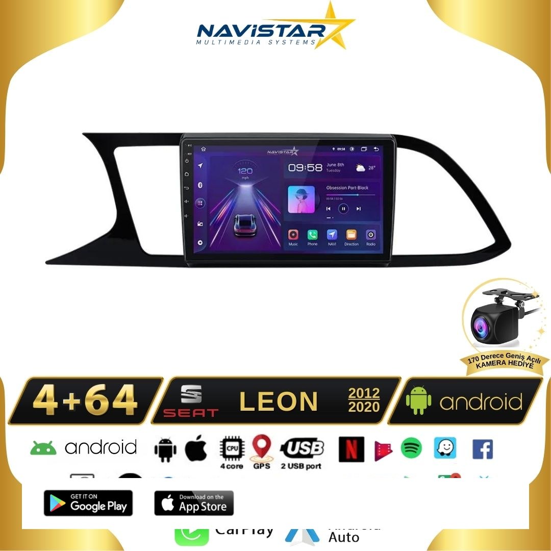 Seat Leon 4GB + 64GB 2012-2020 Model Android 13 Kablosuz Carplay Navigasyon Multimedya Sistemi
