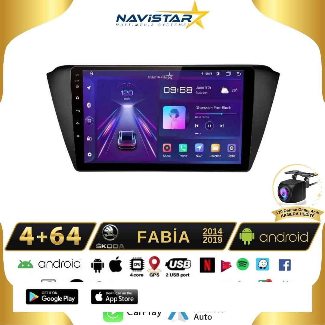 Skoda Fabia 2014-2019 Model 4+64 GB Android 13 Kablosuz Carplay Navigasyon Multimedya Sistemi