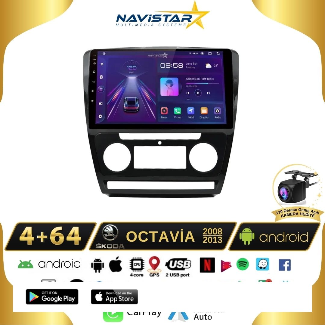 Skoda Octavia 2008-2013 Model 4GB + 64GB Android 13 Kablosuz Carplay Navigasyon Multimedya Sistemi