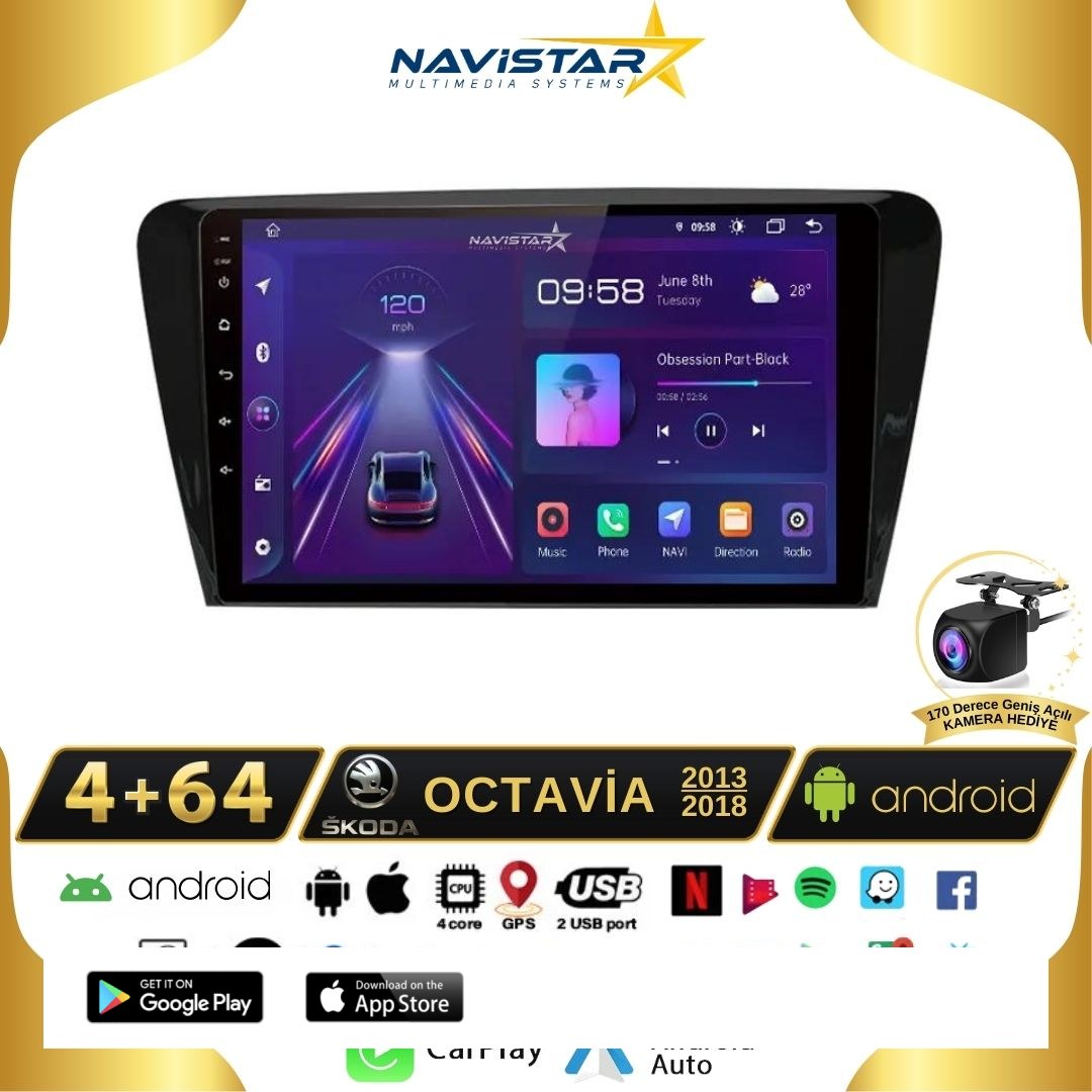 Skoda Octavia 2013-2018 Model 4GB + 64GB Android 13 Kablosuz Carplay Navigasyon Multimedya Sistemi